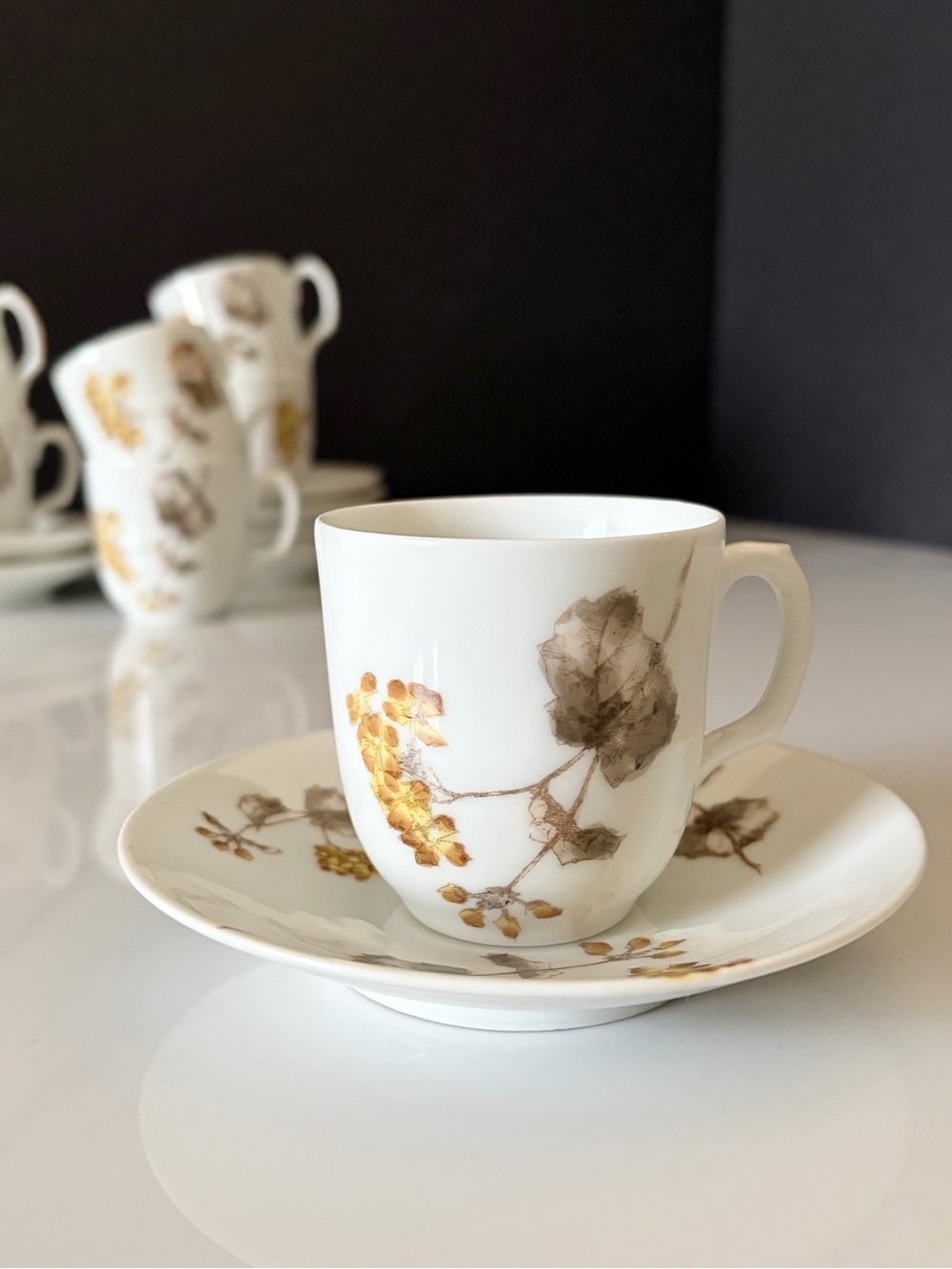 SET of 7 Espresso Demitasse Cup & Saucers - Yellow Floral - Haviland Limoges